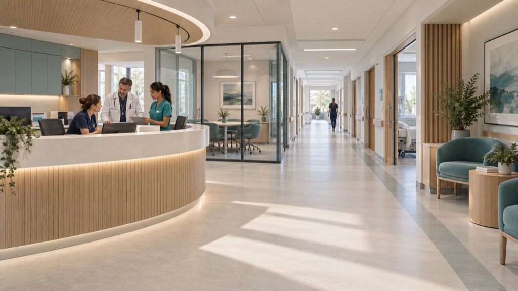 A new ward reception with staff reviewing information at the desk and a long, sunlit corridor leading to patient rooms.